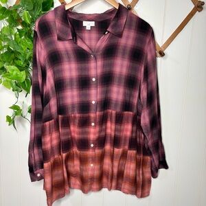 J.Jill Ombre Plaid Flannel Tiered Tunic Top Womens 2X Long Sleeve Button Up Pink